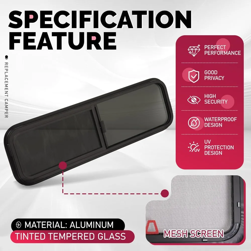 نافذة منزلق أفقية RV عالمية مع حلقة تقليم، 42 عريضة × 12 عالية، نافذة جانبية للشاشة الصافية لمقطورات الدمعة، المعسكر، V #4