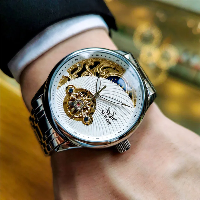 2023 New SEWOR Watch Men Gold Tourbillon Watches Men Moon Phase Automatic Self-Wind Mechanical Wristwatches Men Reloj Hombre