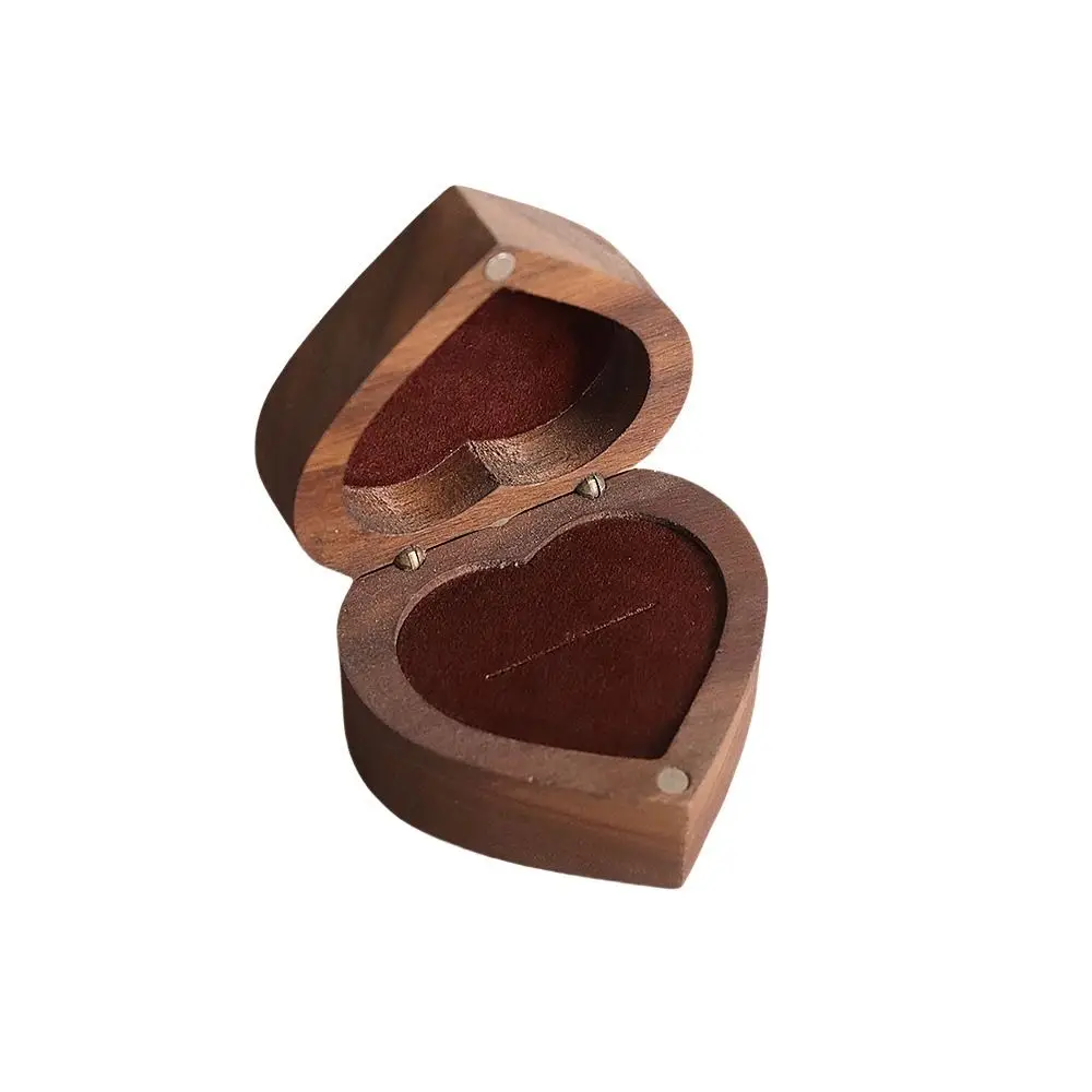 Portable 1/2 Slots Heart Rings Holder Anti-collision Wedding Walnut Wood Rings Box Packaging Proposal Rings Bearer Box Gifts