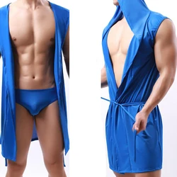 Men's Pajamas Sleeveless Oversized Silky Male Pajamas Hooded Bathrobe Ultra-thin Homewear Bath Robe Sexy Lingerie Gay Wear