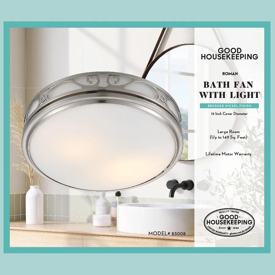 83008 ديكور روماني 110 CFM 3.0 Sones مروحة عادم تهوية الحمام مع ضوء ليلي خفيف من النيكل المصقول للحمام الحديث #4