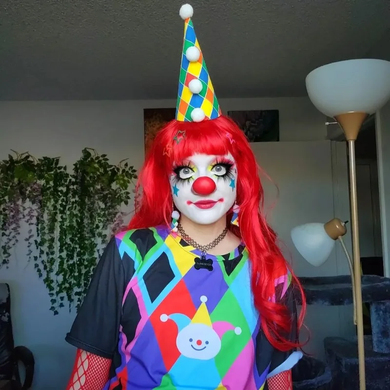 Colorful Diamond Shaped Clown with Double-sided Printed Short Sleeved T-shirt Decora Spicy Girl Halloween Cosplay Top