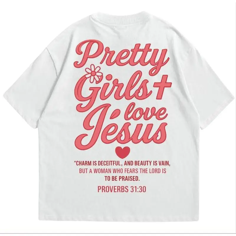 

Christian "Pretty Girls Love Jesus" T-Shirt, Faith Scripture Verse Print Tee, Bible Quote Religious Gift Top Women Casual