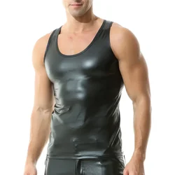 Plus Size M-3XL Men's PU Leather Tank Tops Sleeveless T-shirts Nightclub Dance Vest Male Faux Leather Undershirts Stage Clubwear