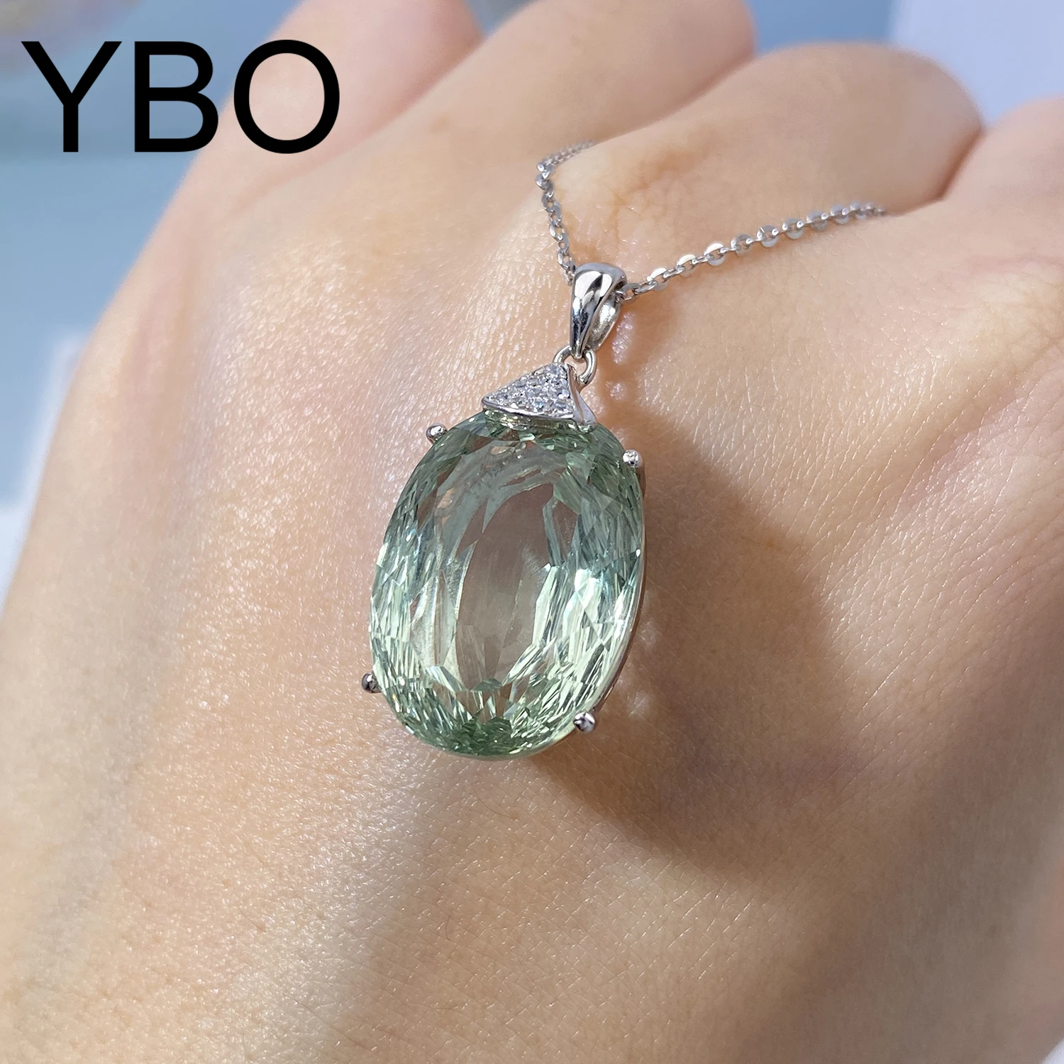 

YBO Oval Gemstone Natural Green Crystal Pendants Women 100% 925 Sterling Silver Fine Jewelry Luxury Necklaces Anniversary Gifts