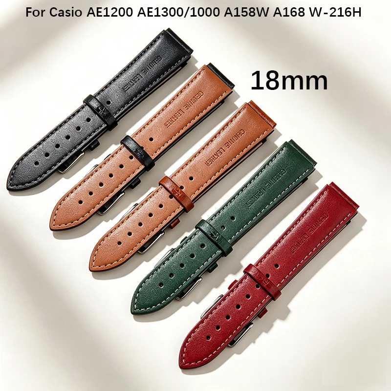 18mm Retro Genuine Leather WatchBand For Casio AE1200 AE1300/1000 A158W A168 W-216H Vintage Cowhide Strap Convex End Watch Chain