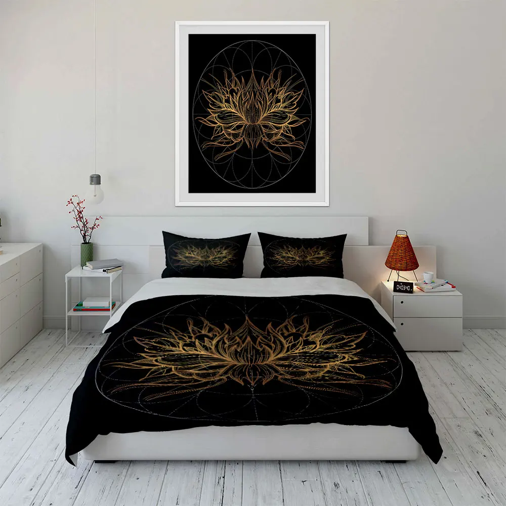 Golden lotus with geometric patterns Print Soft Comfortable Duvet Cover Bedding Set Included 1*Duvet Cover  2*Pillowcases