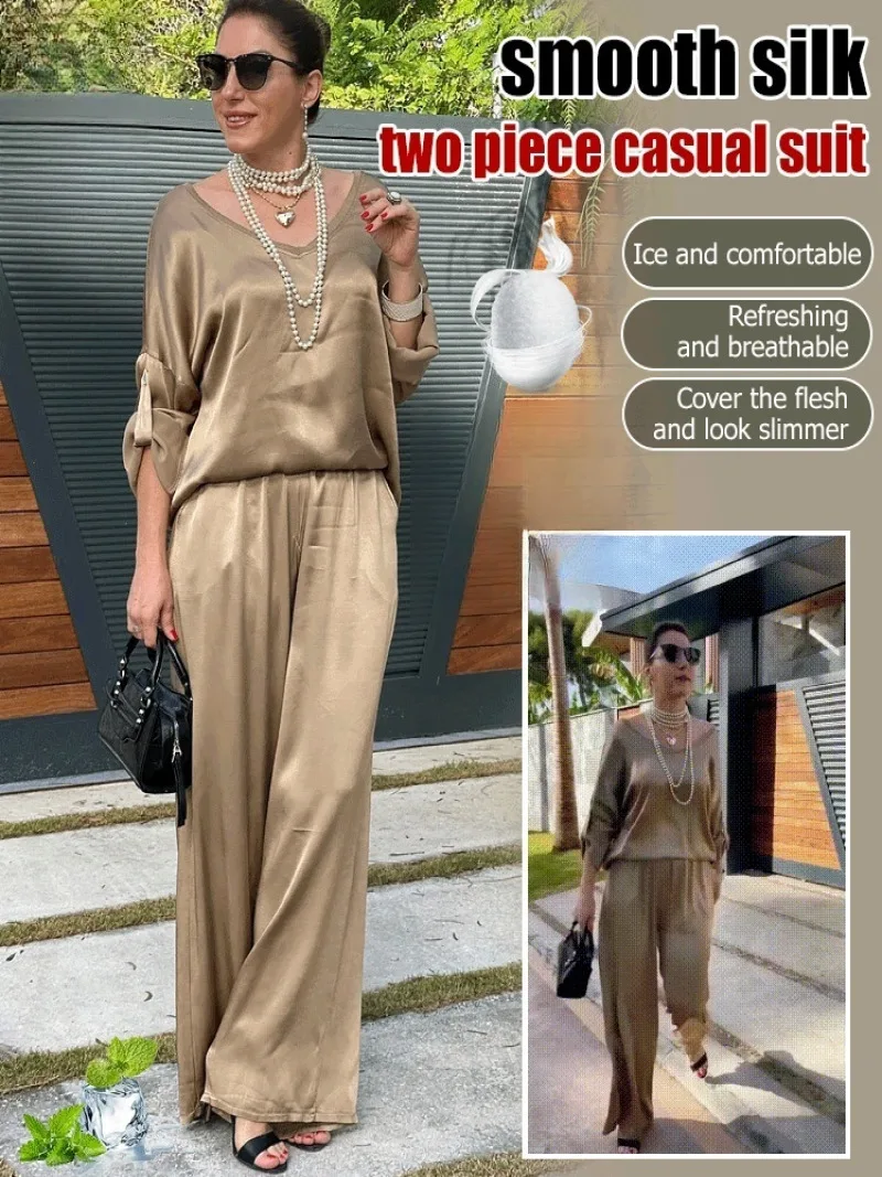 Short Sleeve Wide Leg Pants Set Fashionable Temperament Casual Satin Wide Leg Pants Set