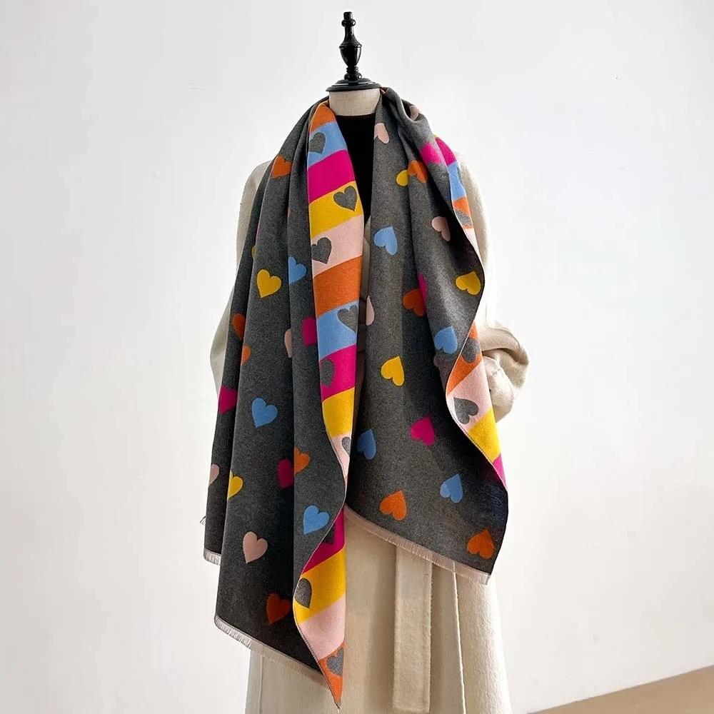 Thick Heart Pattern Scarf Warm Fringed Winter Warm Shawl Soft Skin Friendly Korean Style Muffler Office Workers