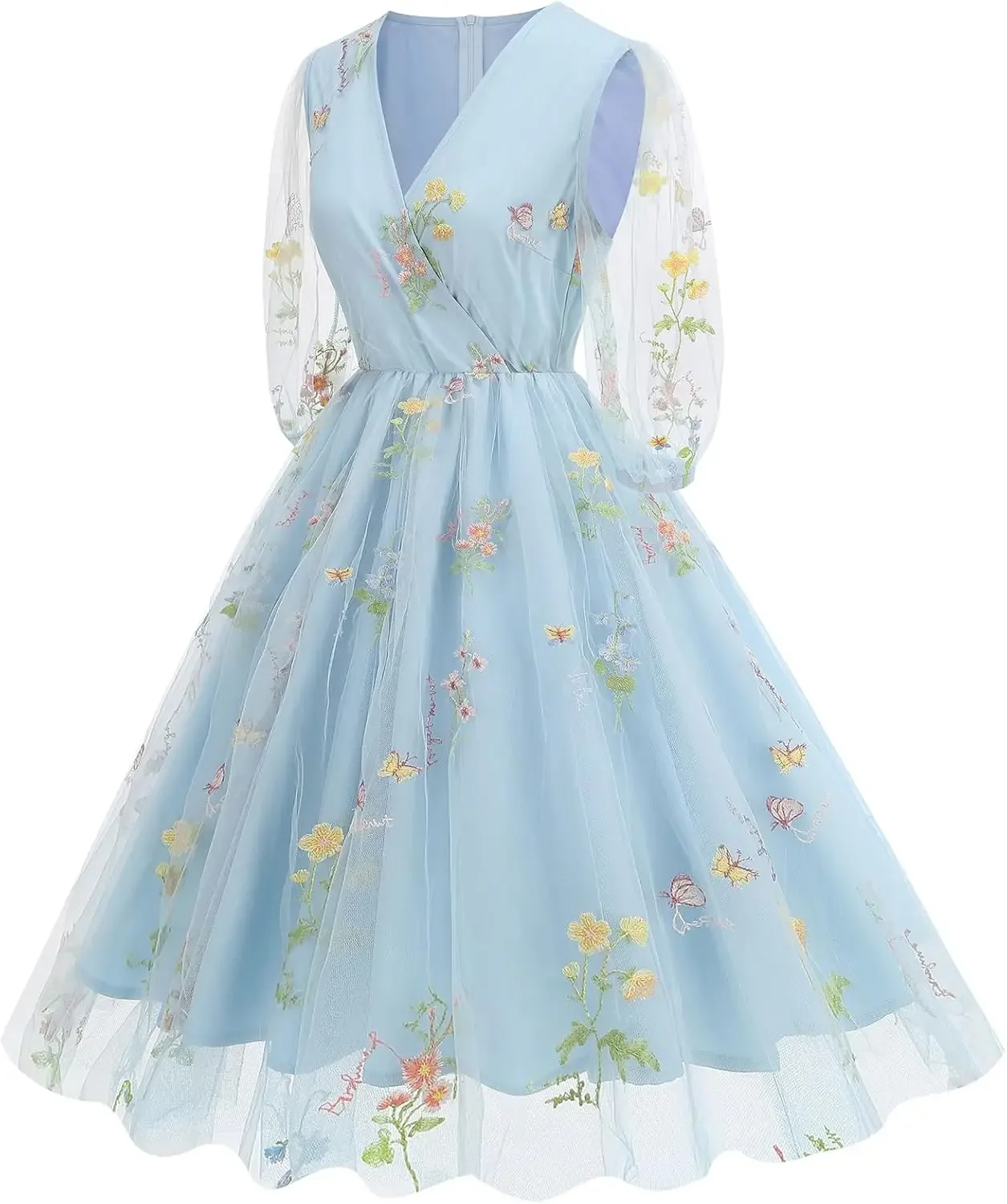 

New Women Half Sleeve Flower Embroidery Tulle Prom Dress Formal Party Gown Wrap V Neck Flare A Line Wedding Guest Cocktail Dress