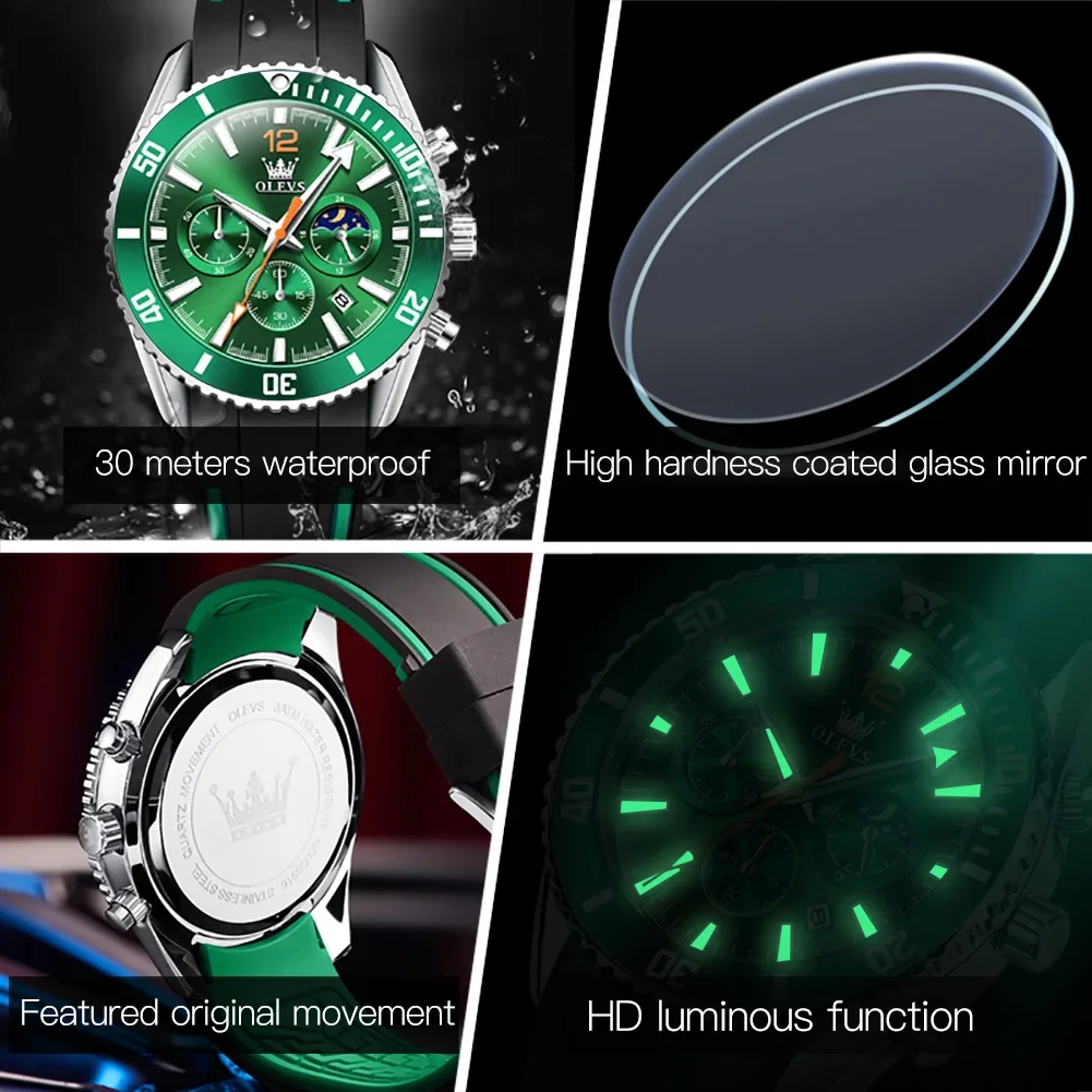 OLEVS 9916 Silicone Strap Quartz Watch For Men, Waterproof Multifunctional Exquisite Fashion Men Wristwatch Luminous Moon Phase