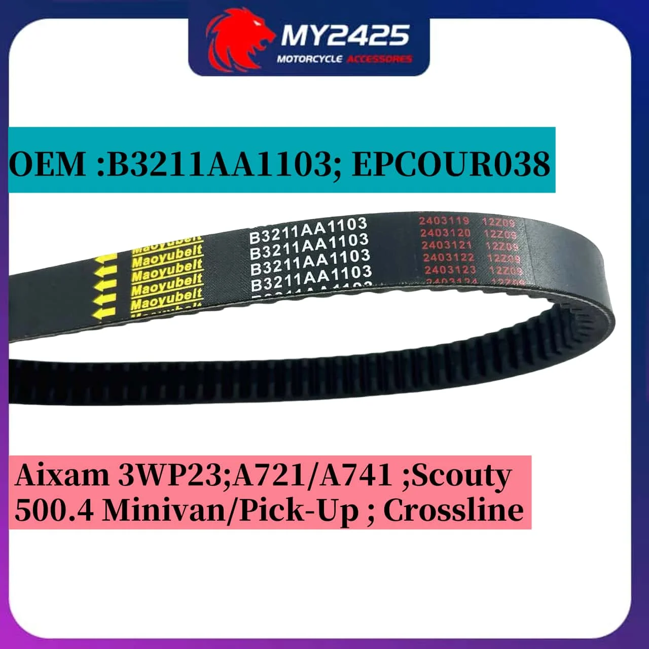 Pasek napędowy transferowy motocykla 922x29 do Aixam 3WP23 A721/A741 500.4 Minivan/Pick-Up Scouty Crossline B3211AA1103 EPCOUR038 — zdjęcie 2