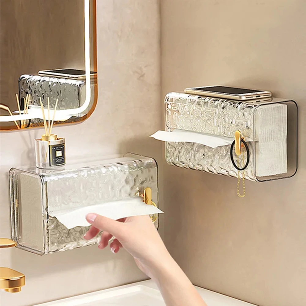 Multipurpose Tissue Box Transparent Rectangular Tissue Storage Box Bathroom Wall Mounted Toilet Paper Case Desktop Napkin Box