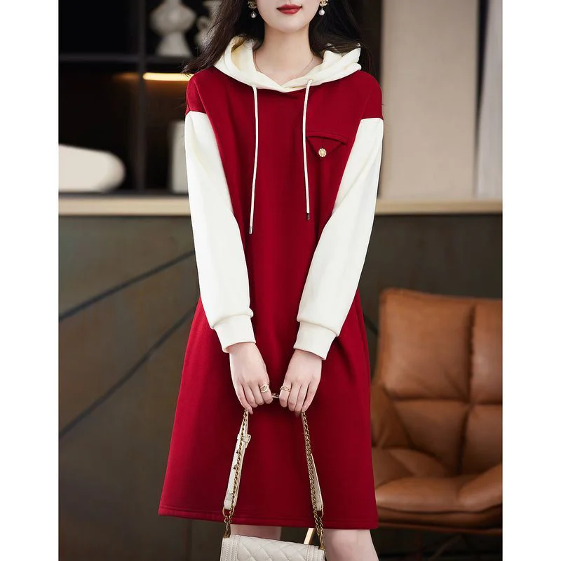 Fashion Hooded Spliced Loose Fake Two Pieces Casual Dresses Female Clothing 2023 Autumn New Oversized Korean Mini Dress