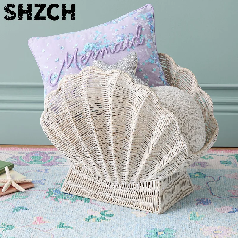 Shell Shape Storage Basket for Kids Room/Dorm Multi Purpose Organizer for Snacks Toys Books Woven Rattan Home Storage Solution
