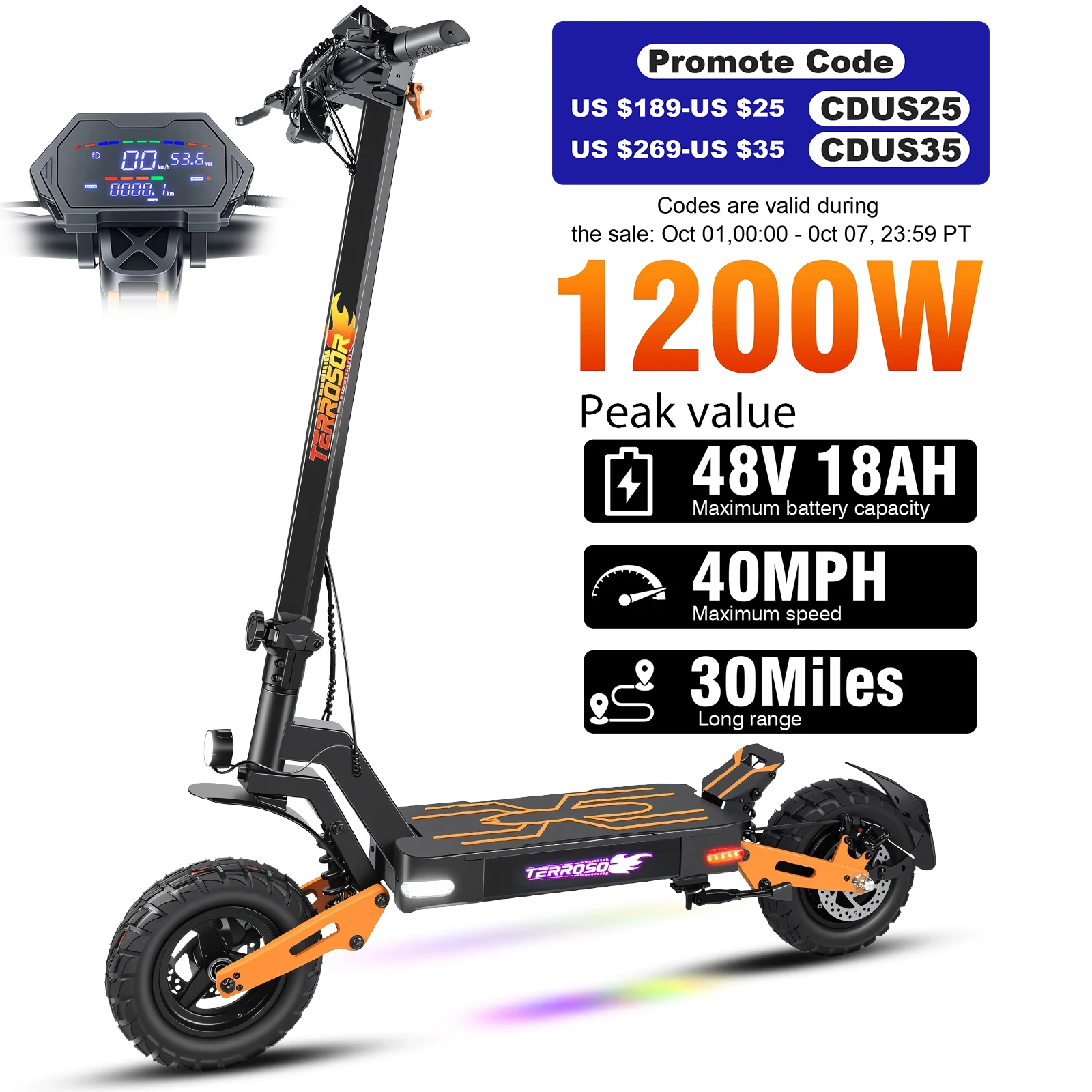 

Электрический самокат для взрослых, мотор 1200 Вт, складной электронный самокат дальностью действия до 40 миль и 30 миль, 11-дюймовый самокат для бездорожья с двойным подвесом