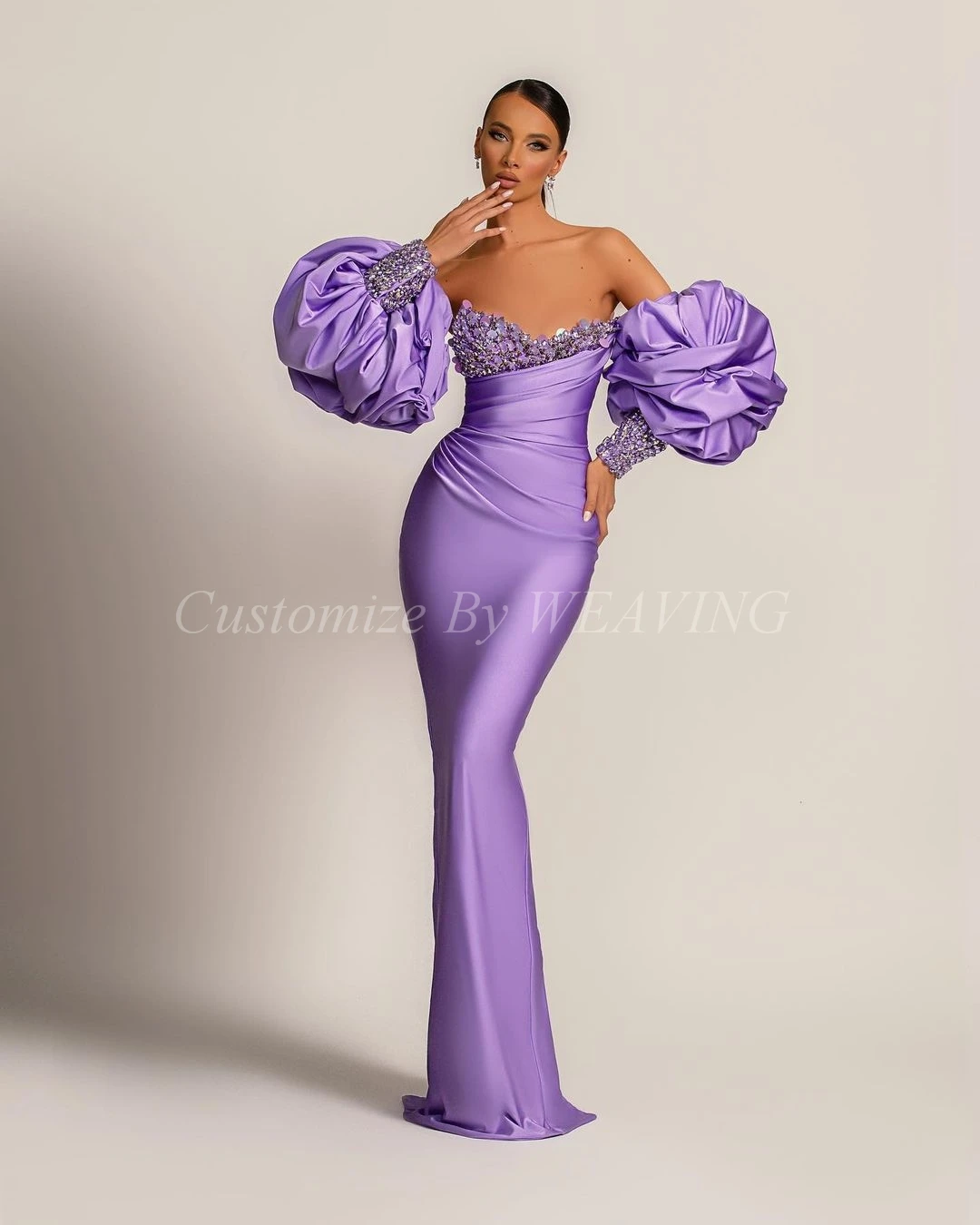 

Lilac Satin Evening Dresses Puff Sleeves Mermaid V Neck Beadings Floor Length Saudi Arabic Women Eveing Gowns Formal Party