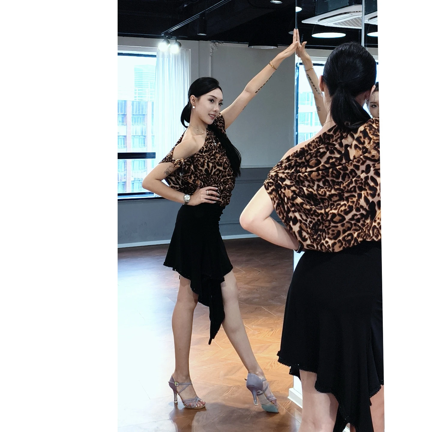 Latin Dance Kleidung Frauen Lose Schräg Schulter Leopard Schwarz Tops Erwachsene Rumba Cha Cha Tanz Kleid Praxis Ausbildung Kleid SS1132