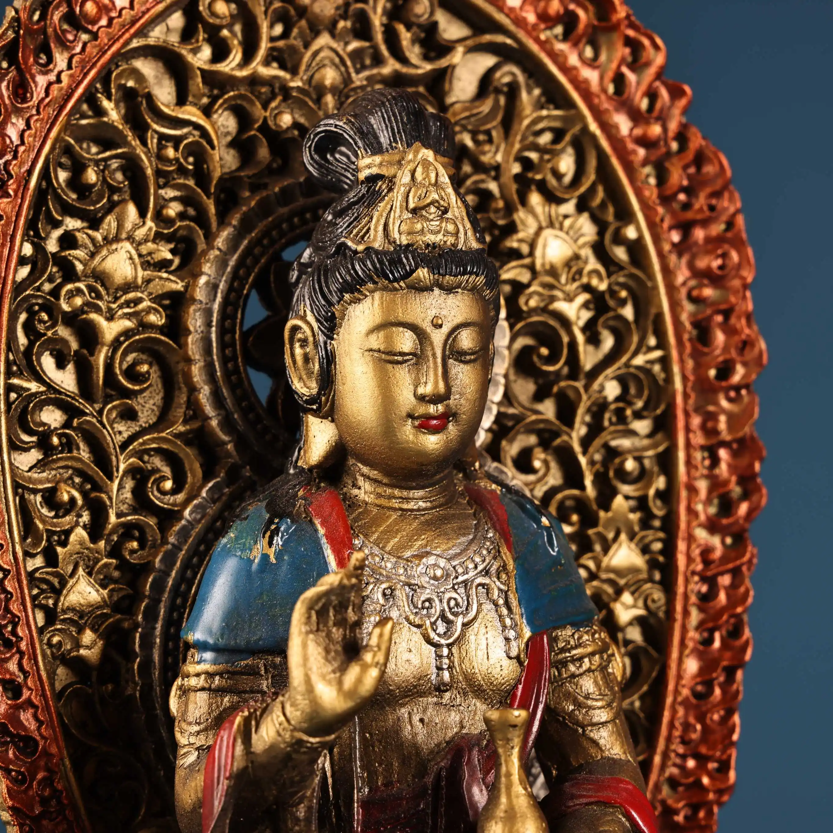 Old Bronze Gilded Painted Backlight Guanyin Bodhisattva Sitting Buddha Lotus Terrace Buddha Terrace Amitabha Worship Hall