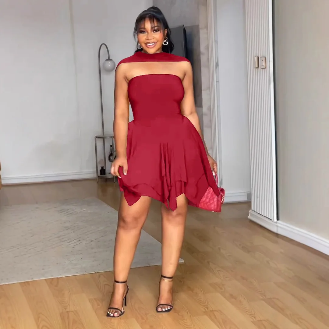 

Summer Women's irregular double-layered Style Dress And Short Skirt with Sweet Neckline Cinched Waist Fashionable 2025 Design