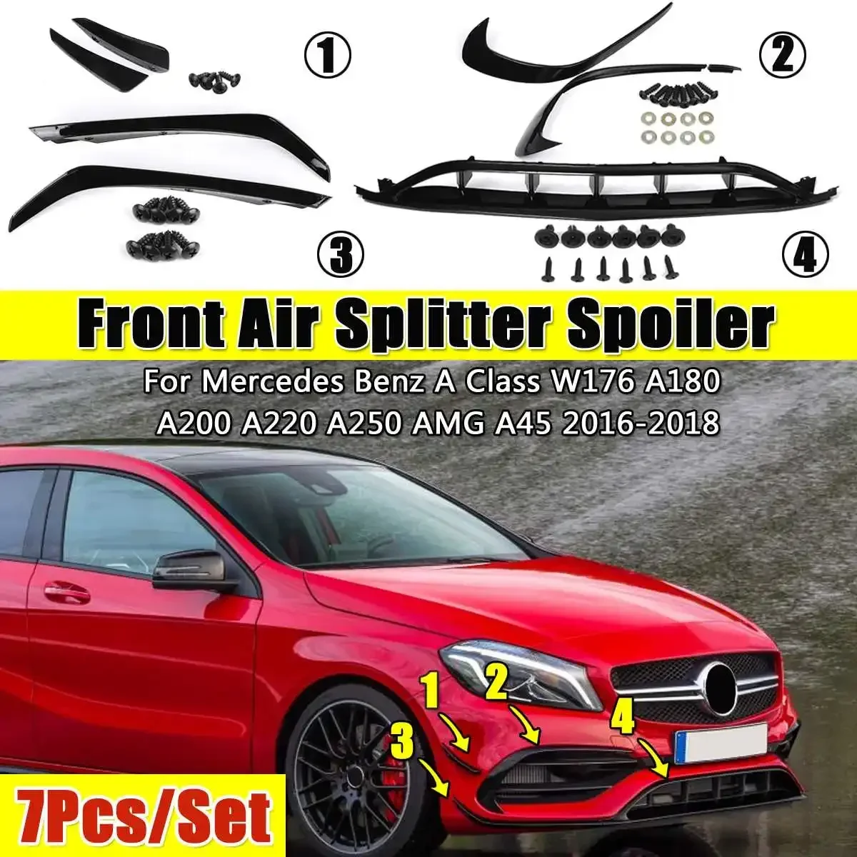7PCS Front Lip Spoiler with Side Splitter Canards Apron For Mercedes For Benz W176 A180 A200 A250 A45 for AMG 2016 2017 2018