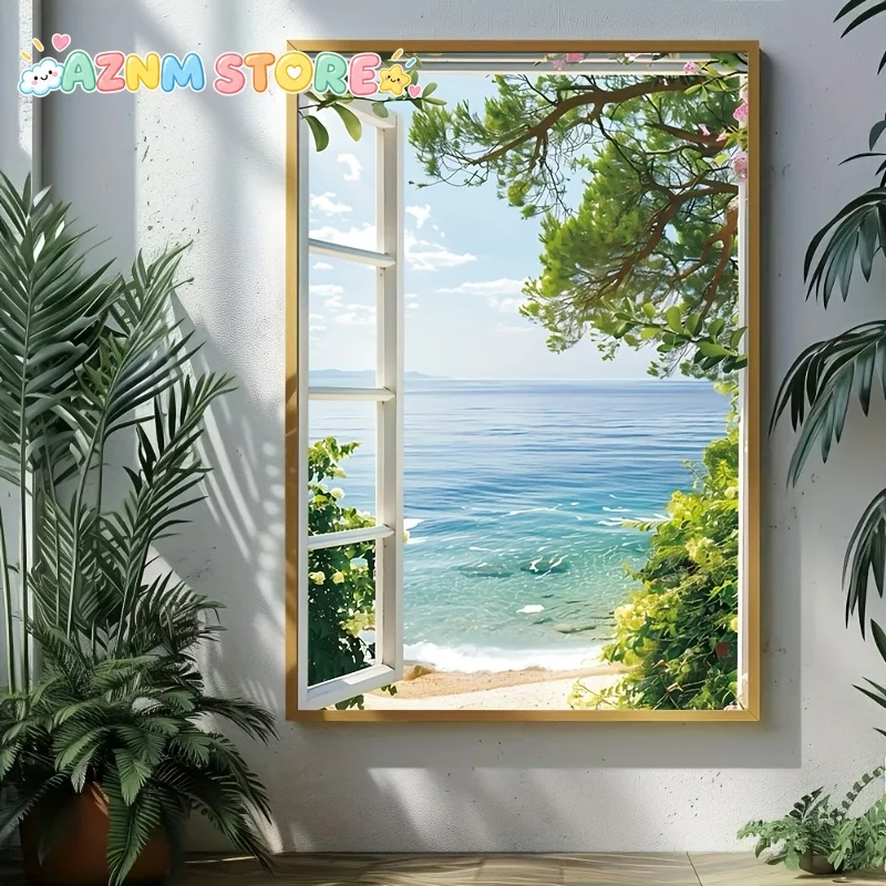 2D Flat 1pc Travel Coastal Decor Wall Arts Posters The Ocean In Summer, The Blue Sea Water Open The Window, Wall Decorations