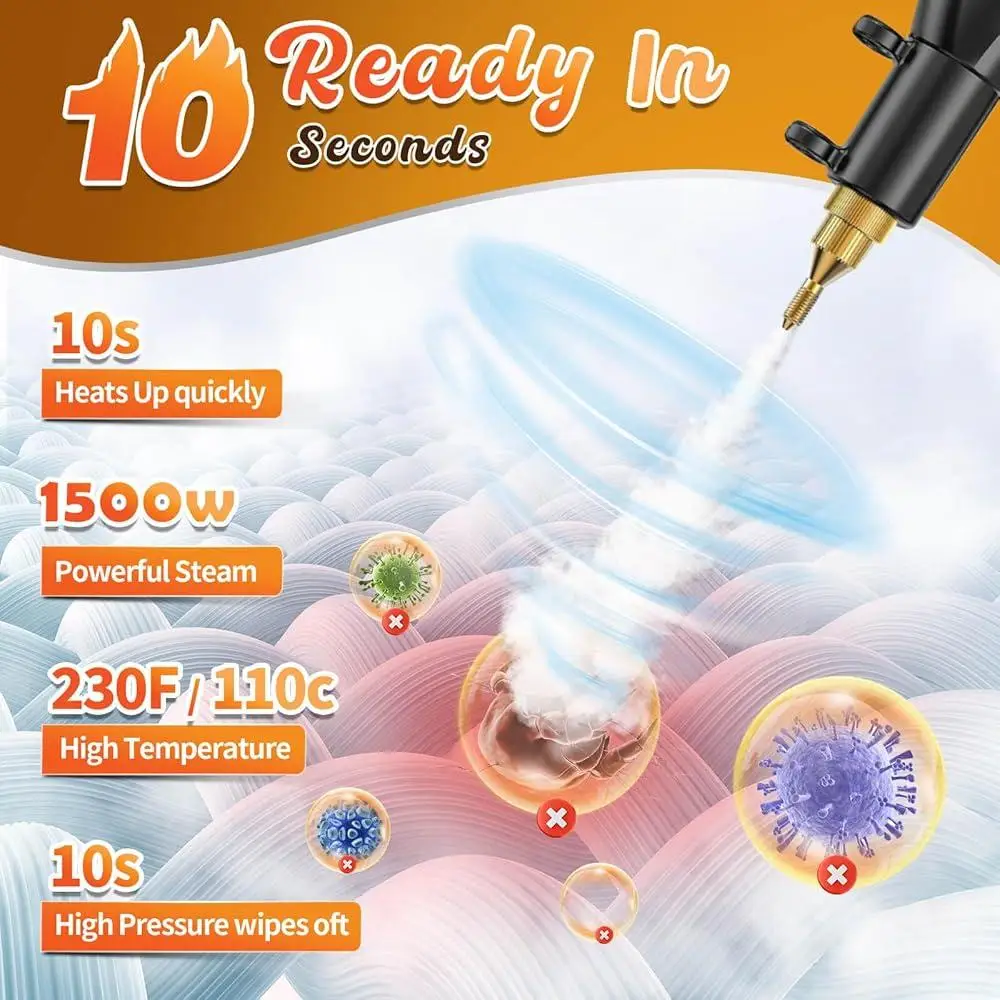 منظف بخار محمول بالضغط العالي مُبخّر تنجيد محمول بقوة 1500 وات معقم قوي للتنظيف العميق بالبخار مع دليل المستخدم