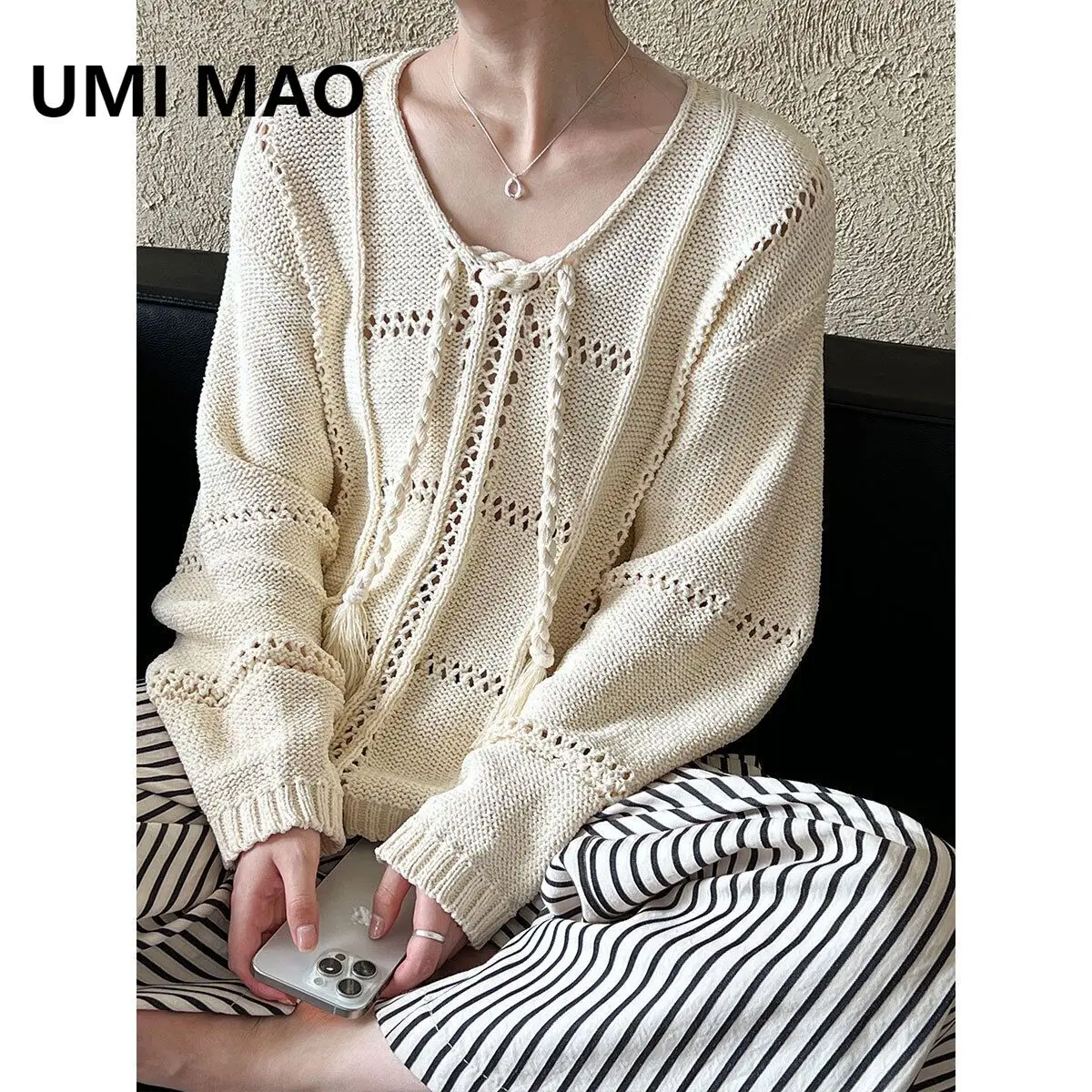 

UMI MAO Braided Tie Knitted Sweater Top For Women 2024 Autumn Winter Hollowed Lazy Sweet Style Loose Sweater