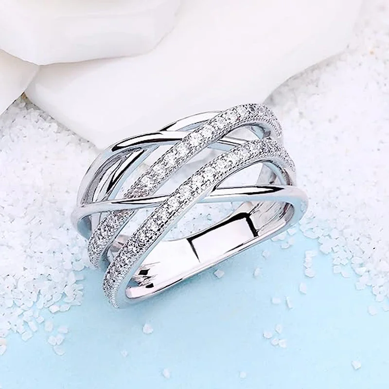 Huitan Silver Color Multi-cross Finger Ring with Shiny Crystal CZ Modern Fashion Female Rings Daily Wear Party Statement Jewelry