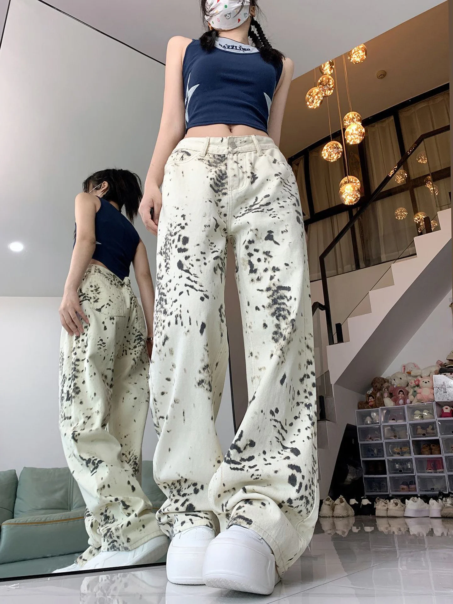 American Style High Waist Loose Wide Leg Denim Pants Women's Loose Fit Leopard Print White Autumn New Street Style Jeans