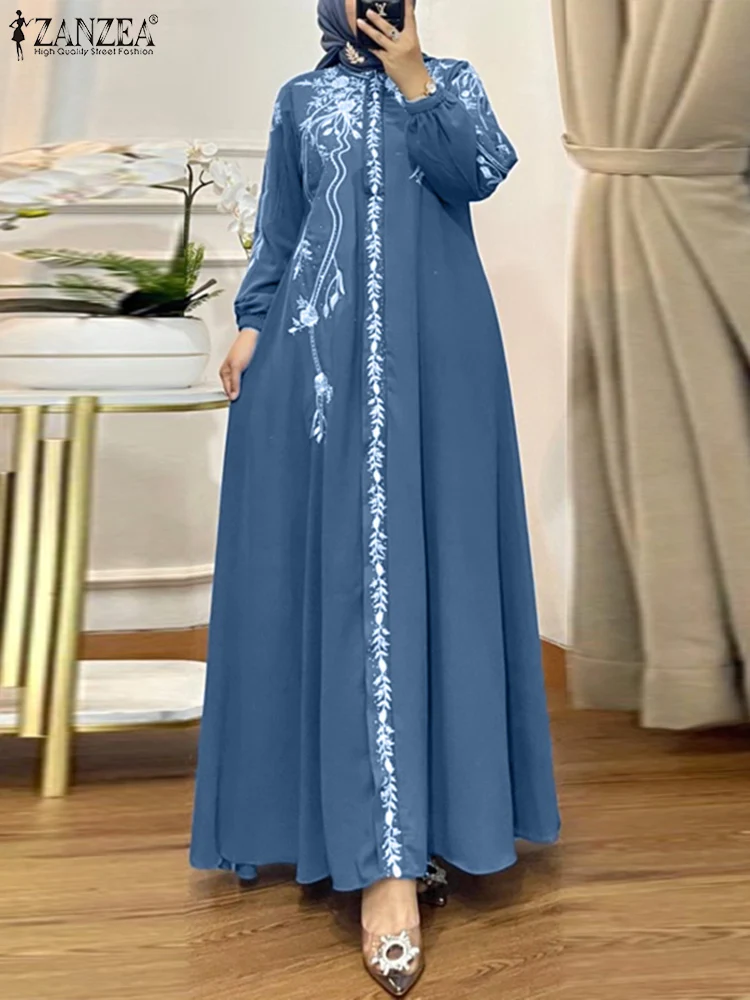 ZANZEA Bohemian Women Floral Print Loose Casual Maxi Vestidos Autumn Holiday Long Dresses Turkey Islamic Muslim Hijab Abaya Robe