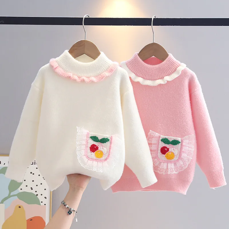 

Cherry Pocket Children's Sweater Peter Pan Collar Cute Girls' Sweaters Winter Korean Style Lace Ruffles Knitted Pullover IY07282