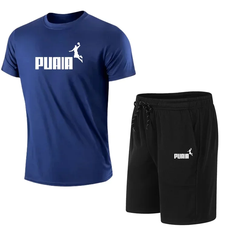 Traje de Fitness transpirable de malla elástica para hombre, camiseta estampada a la moda, pantalones cortos, ropa deportiva informal de dos piezas para correr, entrenamiento, S-3XL de verano