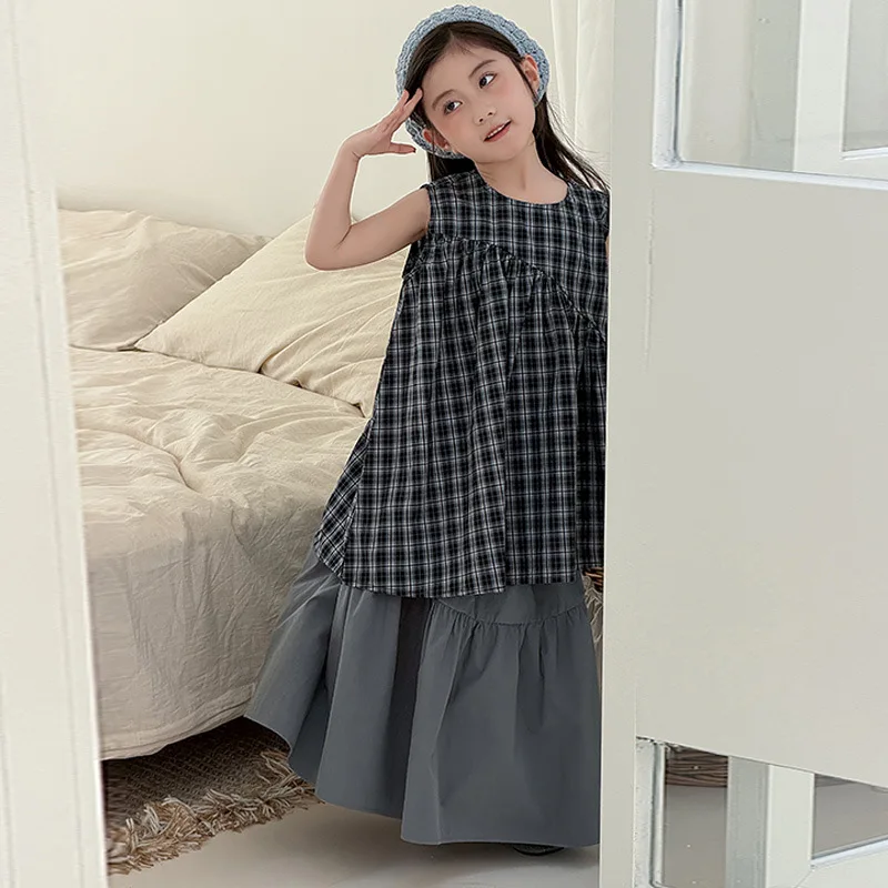 

Комплект из двух предметов: клетчатая рубашка и юбка для девочек, весенне-летний, простой, универсальный