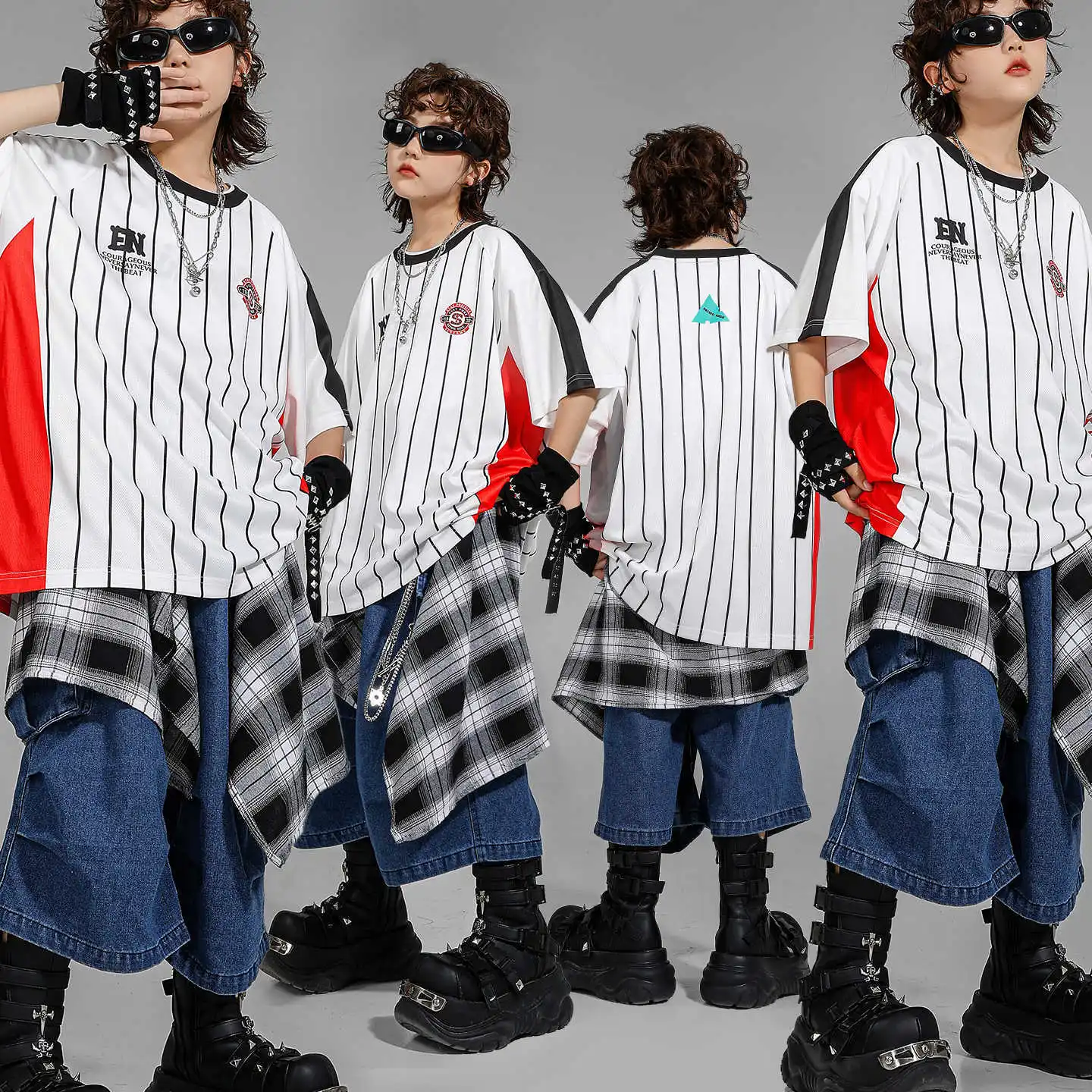 

Kid Kpop Hip Hop Clothing White Striped T Shirt Denim Blue Parachute Cargo Jeans Shorts for Girl Boy Jazz Dance Costume Clothes