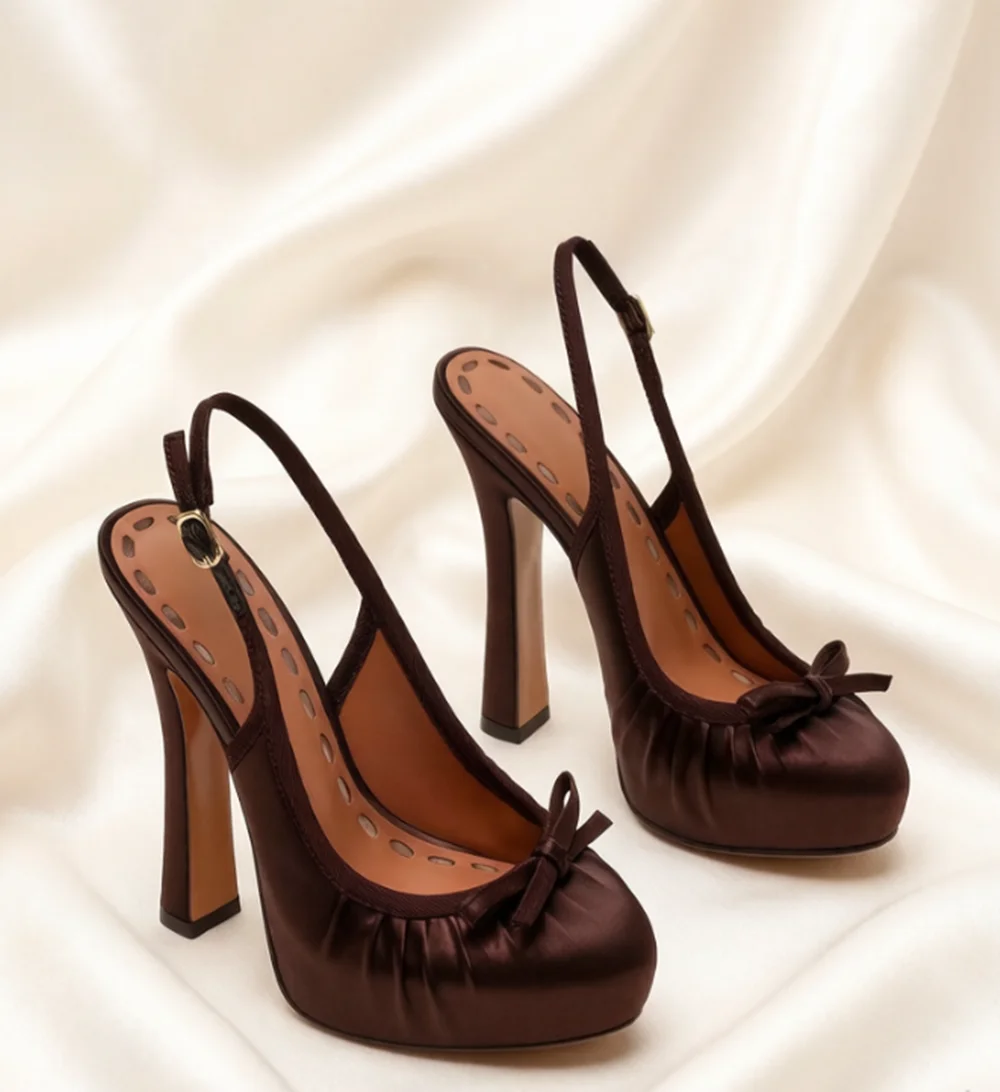 

Elegant Lady Satin Round-Toe Ankle-Strap High Heels Ruched Design Tiny Bow Block Heel Slingback Footwear for Runway
