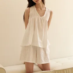 100%Cotton Jacquard Women's Pajamas Two-Piece Set Summer New Casual Sleeveless V-Neck Top Loose Wide-Legged Shorts Homewear Suit