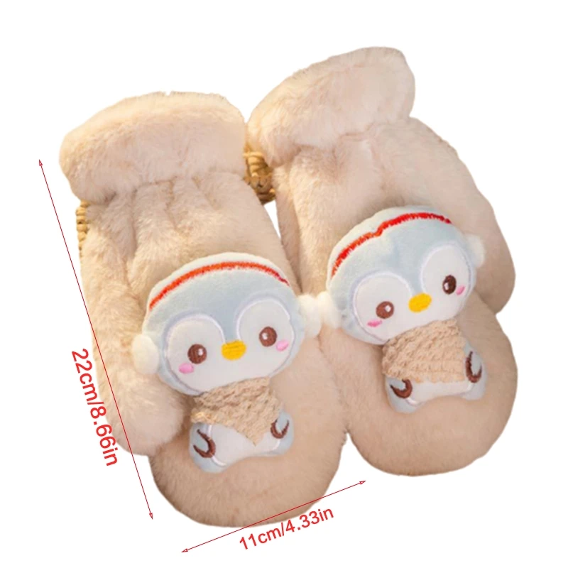 Luvas femininas inverno, forro quente, luvas grossas aconchegantes, decoração pinguim pelúcia, acessórios para clima