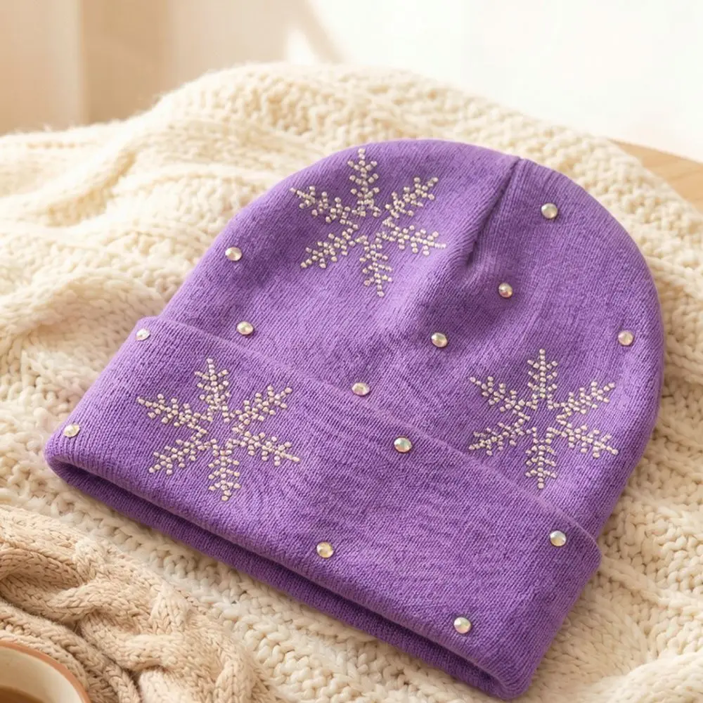 Womens Knit Beanie Hat Winter Warm Cap Snowflake Rhinestone Decor Soft Elastic Comfortable Daily Outdoor Windproof Hat