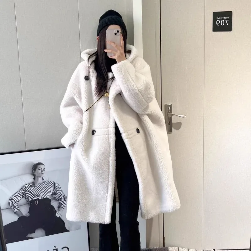 2023 Lamb Fleece Long Coat Women Korean Version Warm Jacket Loose Lazy Style Overcoat Thickening Temperament Hooded Outwear
