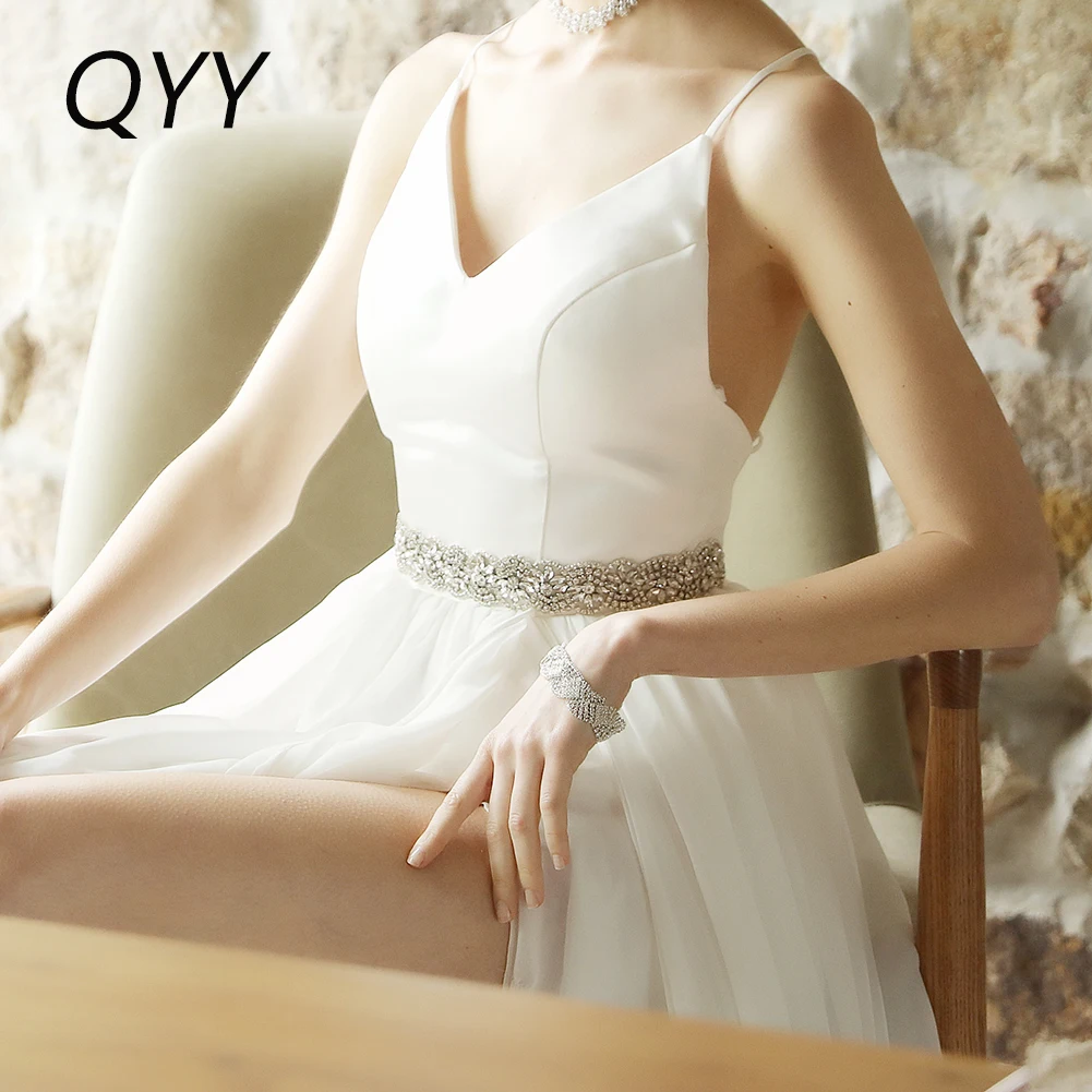 QYY Fashion Rhinestone Flower Satin Belts Bridal Wedding Dress Accessories  Princess Prom Belt Strass Bridesmaid Sash Gift