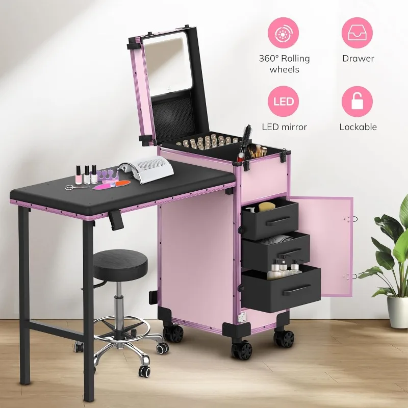 Rollende draagbare manicuretafel met 3 laden, spiegel- en nagellakorganizer, afsluitbare make-uptreinkoffer met opvouwbaar