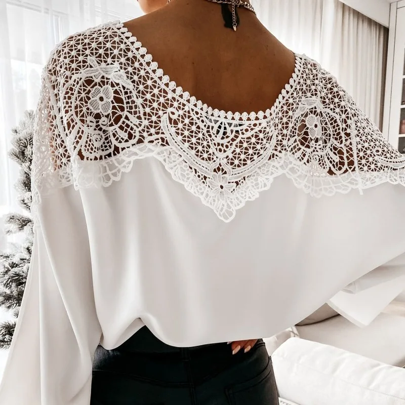 Vintage Lace Crochet Floral White Shirt Women Casual Loose Hollow Out Sexy Shirts for Women Long Sleeve Ladies Tops Blusas 12459