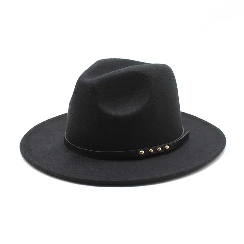 Foreign Trade Belt Decoration Black Woolen Hat Retro Flat Brim Top Hat Jazz Hat Woolen Jazz Hat