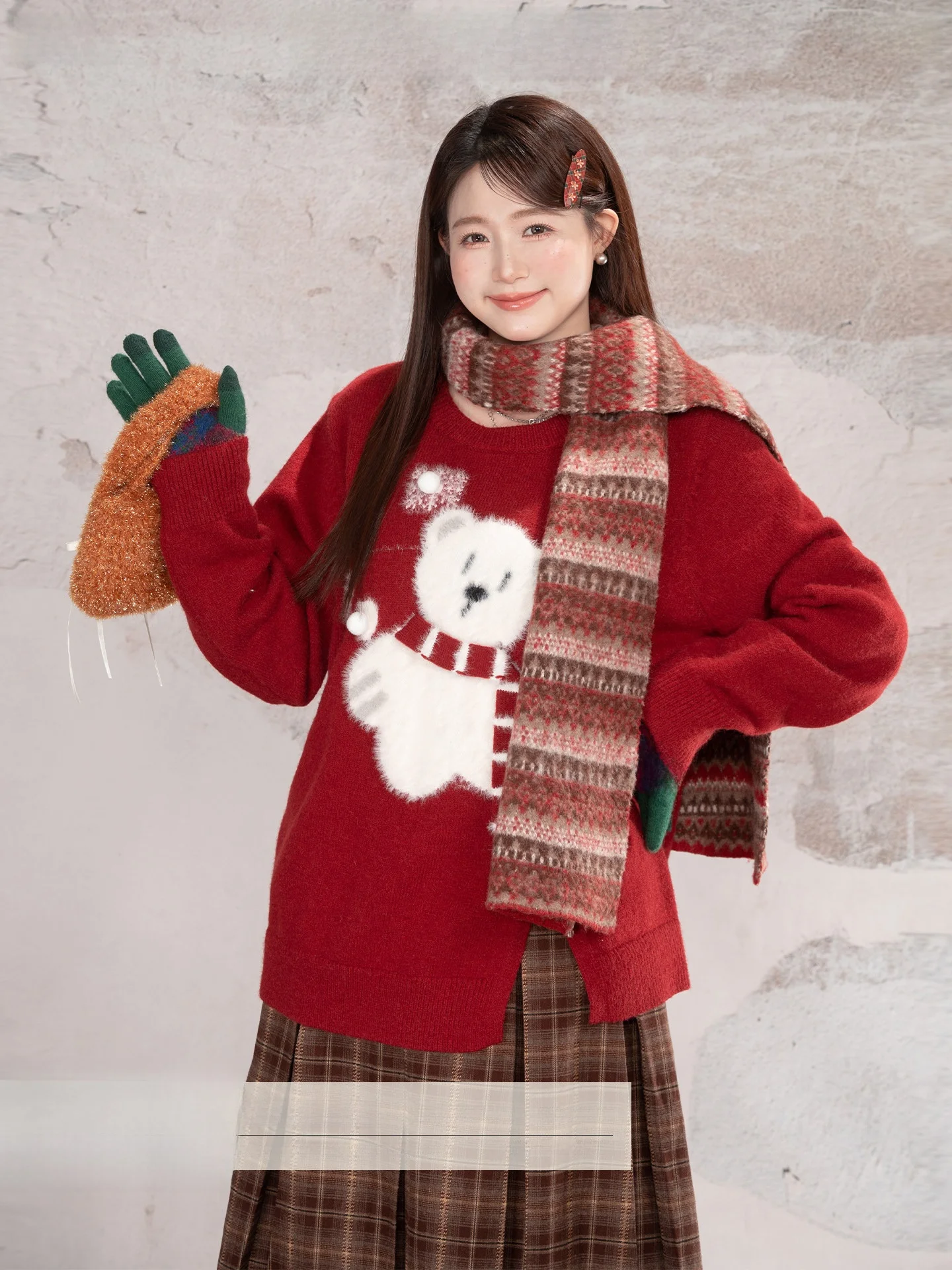 

Женский свитер Heynew больших размеров, красный, с круглым вырезом, с шарфом и дизайном медведя, зимний, утягивающий, топ Aosphere, милый, с длинными рукавами