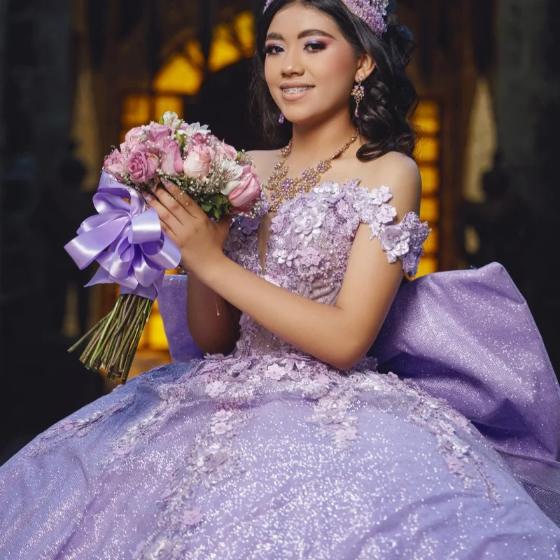 

Shiny Lavender Quinceanera Dress Crystal 3D Flower Decal Long tail Bow off-shoulder Vestidos De 15 Quinceanera ﻿Customize