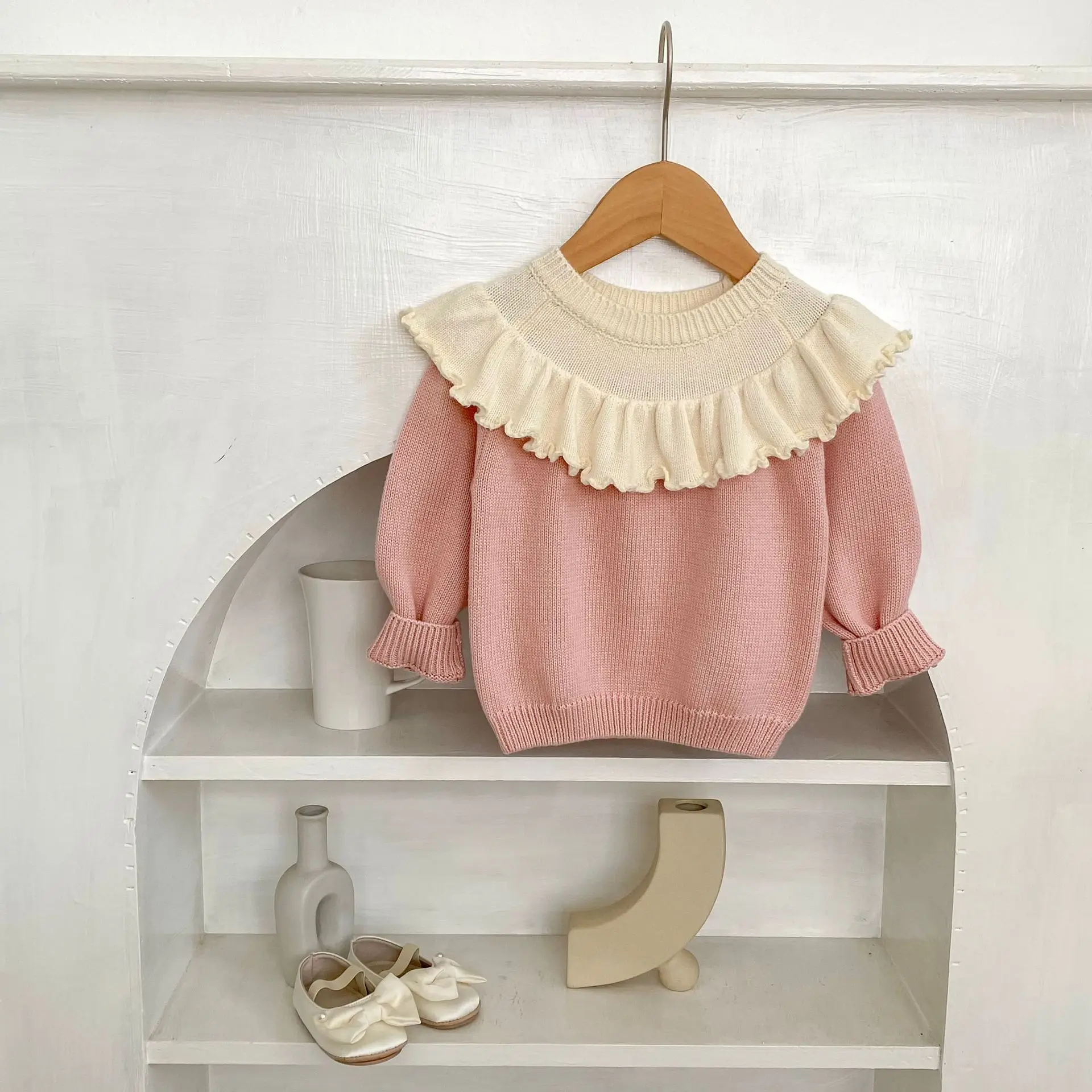 2025 Fall Baby Girl Sweater Korean Style Color Block Ruffle Trim Knit Top Soft Cotton Comfortable Toddler 0-4 Years