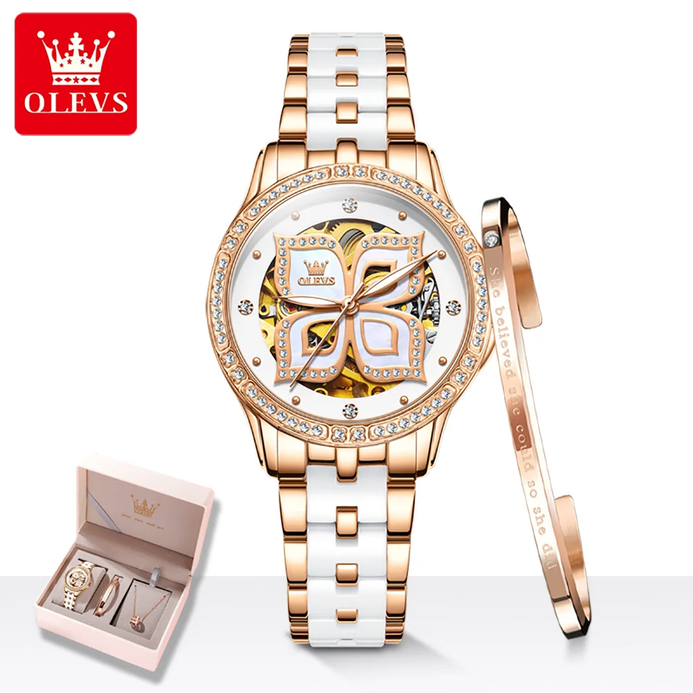 OLEVS 6612 Original Women's Watches Elegant Ceramic Strap Fashion Hollow Four-Leaf Clover Design Waterproof Ladies Wrist Watches