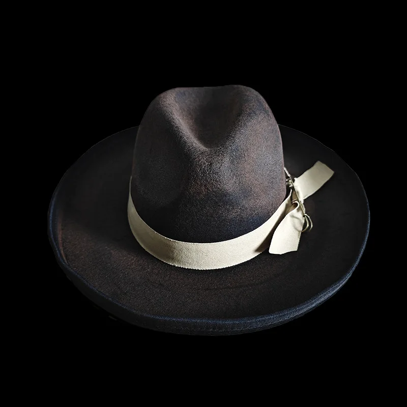 Hot-Selling Wool Felt Hat with Ribbon Decoration, Folded Edge, Vintage Distressed Style, Pure Wool Hat
