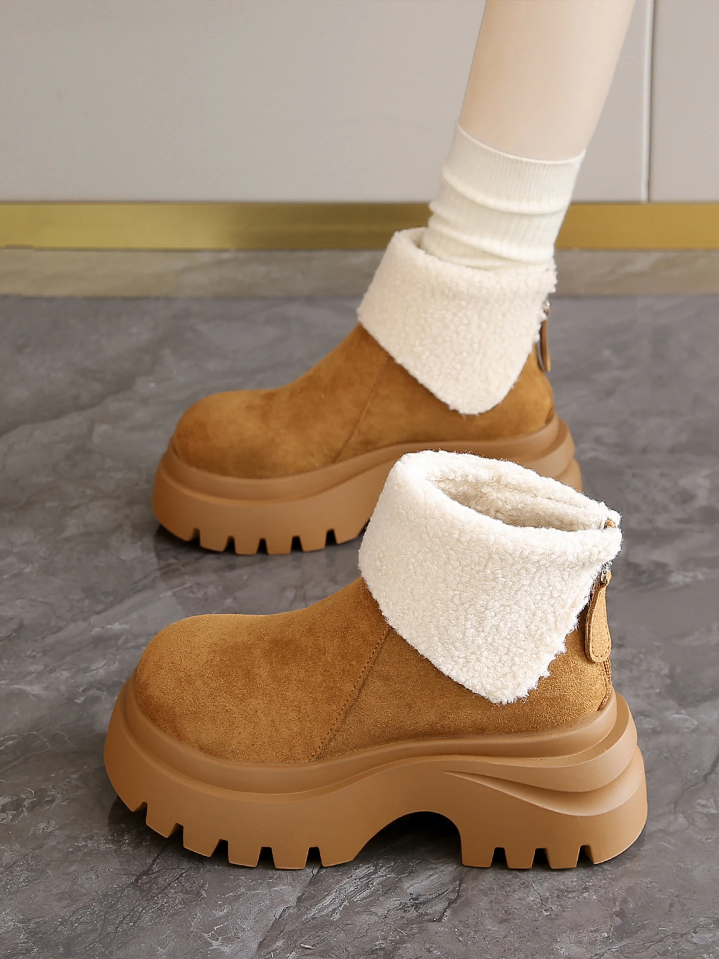 

Thiened Fce Lined Snow Boots Women's Winter Boots Thi Bot Turn Collar Fur Large Cotton oes Faionable e...